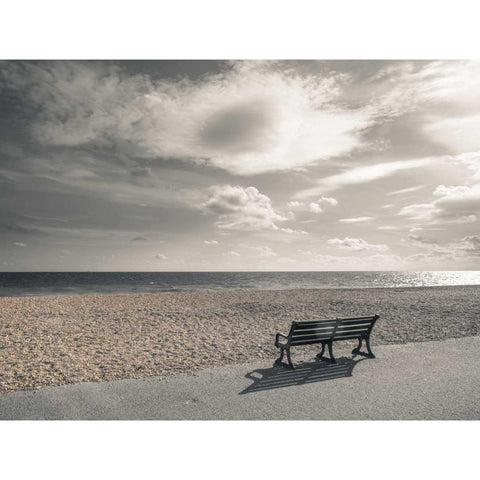 Bench at seaside promenade White Modern Wood Framed Art Print by Frank, Assaf
