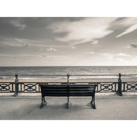 Bench at seaside promenade Black Modern Wood Framed Art Print by Frank, Assaf