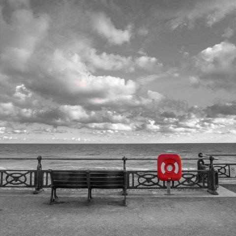 Bench at seaside promenade White Modern Wood Framed Art Print by Frank, Assaf