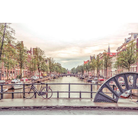 Canal through Amsterdam city Black Modern Wood Framed Art Print with Double Matting by Frank, Assaf