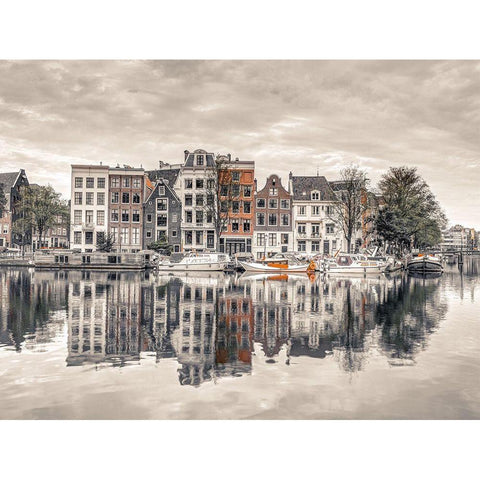 Amsterdam townhouses by the canal White Modern Wood Framed Art Print by Frank, Assaf