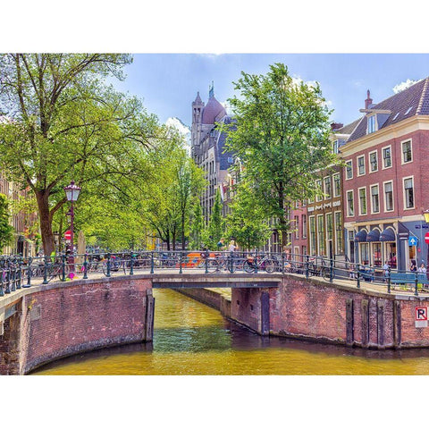 Canal through Amsterdam city Black Modern Wood Framed Art Print with Double Matting by Frank, Assaf