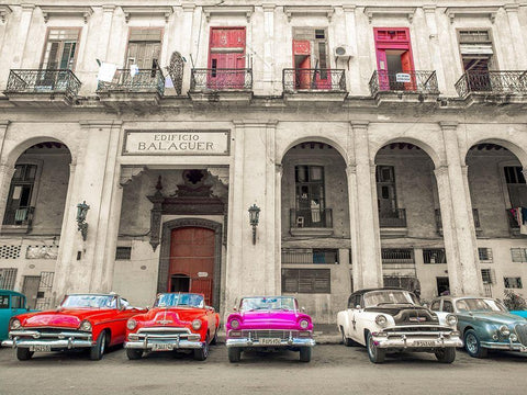 Traditional cuban cars parked in row by the road in Havava, Cuba, White Modern Wood Framed Art Print with Double Matting by Frank, Assaf