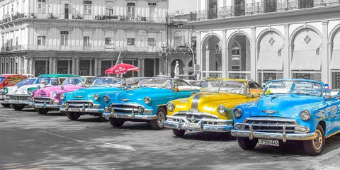 Traditional cuban cars parked in row by the road in Havava, Cuba, FTBR 1849 Black Ornate Wood Framed Art Print with Double Matting by Frank, Assaf