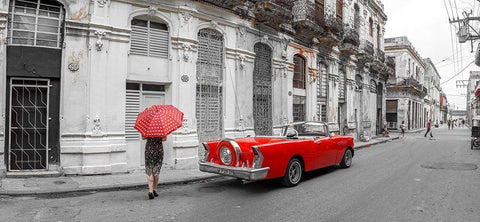 Woman with red umbrella by a vintage car on the street of Havana-Cuba White Modern Wood Framed Art Print with Double Matting by Frank, Assaf