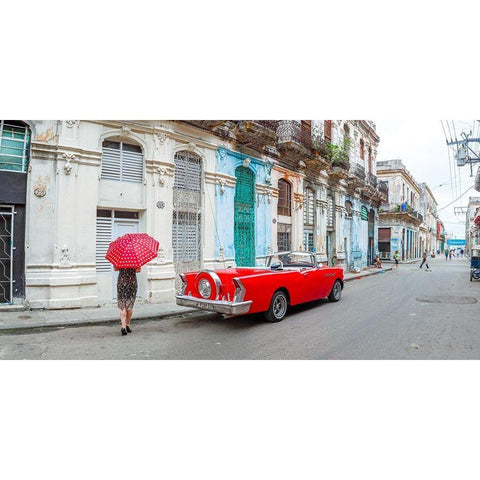 Woman with red umbrella by a vintage car on the street of Havana, Cuba, FTBR 1851 White Modern Wood Framed Art Print by Frank, Assaf