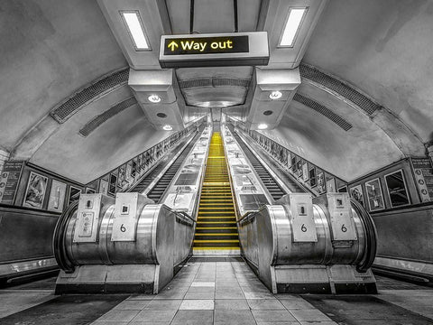 Escalators at subway station White Modern Wood Framed Art Print with Double Matting by Frank, Assaf