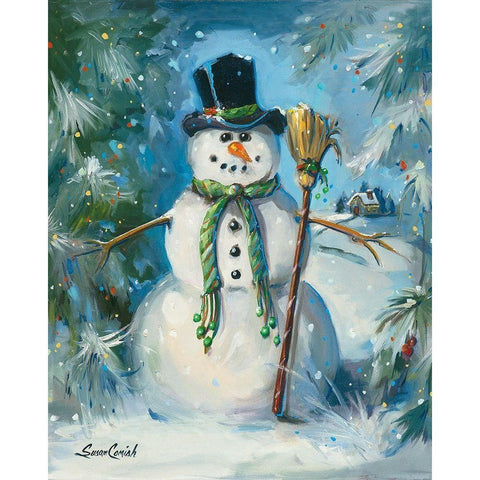 Sweeping Snowman Black Modern Wood Framed Art Print by Comish, Susan