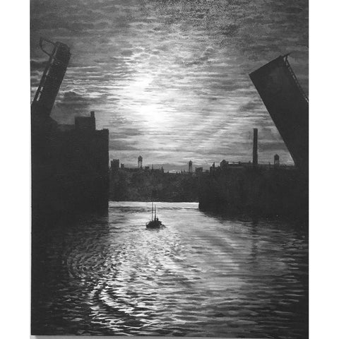 Sunset Bridge Black Modern Wood Framed Art Print with Double Matting by Gipe, Lawernce