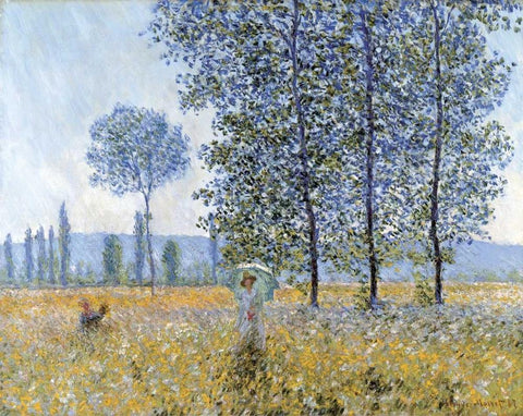 Sunlight Under The Poplars White Modern Wood Framed Art Print with Double Matting by Monet, Claude