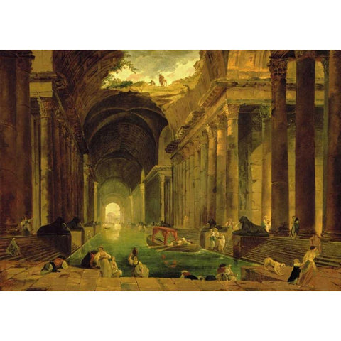 Vue Imaginaire de la Grande Galerie en Ruins Black Modern Wood Framed Art Print with Double Matting by Robert, Hubert