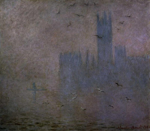 Houses of Parliament, Seagulls, 1904 White Modern Wood Framed Art Print with Double Matting by Monet, Claude