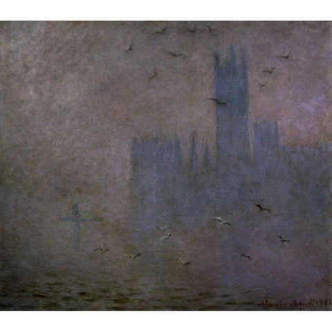 Houses of Parliament, Seagulls, 1904 White Modern Wood Framed Art Print by Monet, Claude