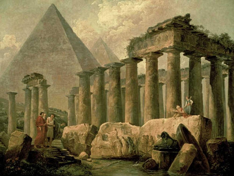 Pyramid and Temples Black Ornate Wood Framed Art Print with Double Matting by Robert, Hubert