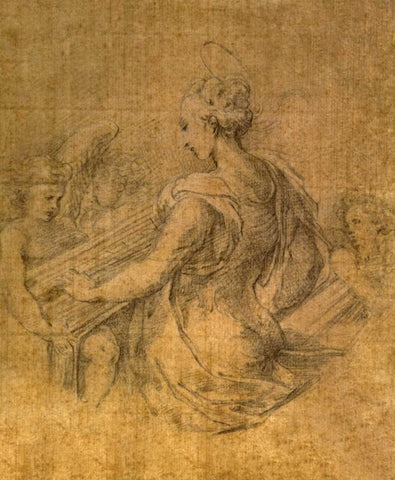 Lady with Angels Black Ornate Wood Framed Art Print with Double Matting by Parmigianino