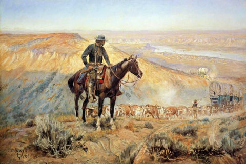 The Wagon Boss White Modern Wood Framed Art Print with Double Matting by Russell, Charles M.