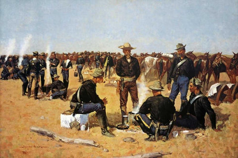 A Calvarymans Breakfast On The Plains White Modern Wood Framed Art Print with Double Matting by Remington, Frederic
