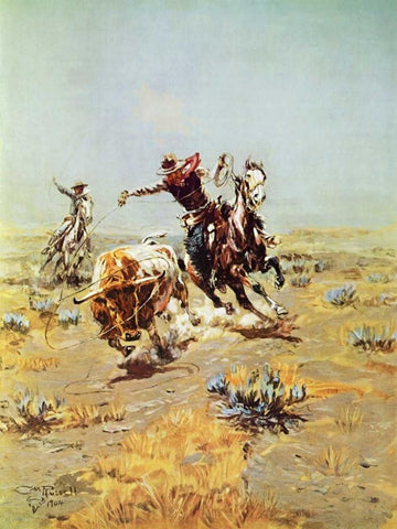 Cowboy Roping a Steer White Modern Wood Framed Art Print with Double Matting by Russell, Charles M.