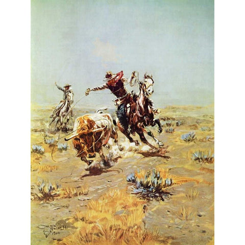 Cowboy Roping A steer White Modern Wood Framed Art Print by Russell, Charles M.