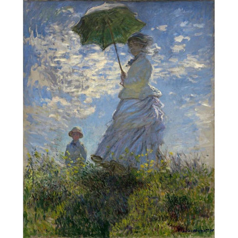 Woman with a Parasol - Madame Monet and Her Son White Modern Wood Framed Art Print by Monet, Claude