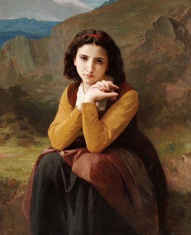 Reflective Beauty. Mignon Pensive Black Ornate Wood Framed Art Print with Double Matting by Bouguereau, William-Adolphe