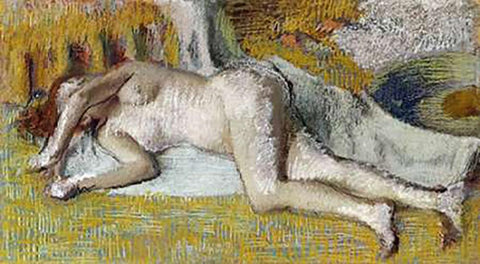 After The Bath White Modern Wood Framed Art Print with Double Matting by Degas, Edgar