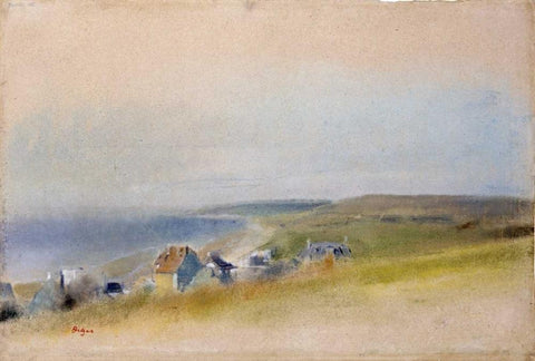 Houses On The Cliff Edge at Villers-Sur-Mer White Modern Wood Framed Art Print with Double Matting by Degas, Edgar