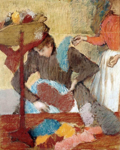The Hatmaker White Modern Wood Framed Art Print with Double Matting by Degas, Edgar