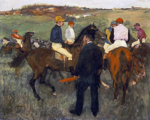 Racehorses - Leaving The Weighing White Modern Wood Framed Art Print with Double Matting by Degas, Edgar