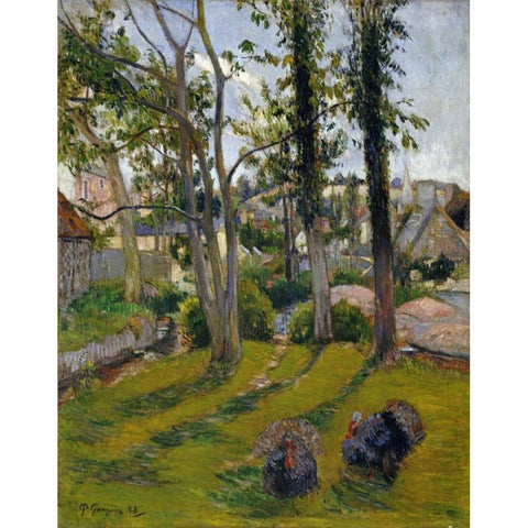 Les Dindons - Pont Aven Landscape, 1888 Gold Ornate Wood Framed Art Print with Double Matting by Gauguin, Paul