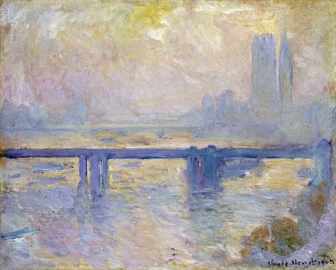 Charing Cross Bridge White Modern Wood Framed Art Print with Double Matting by Monet, Claude