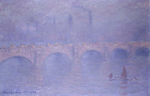 Waterloo Bridge, Misty Sunshine White Modern Wood Framed Art Print with Double Matting by Monet, Claude