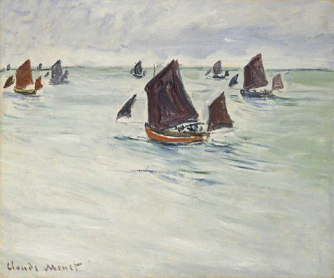 Fishing Boats off Pourville, 1882 White Modern Wood Framed Art Print with Double Matting by Monet, Claude