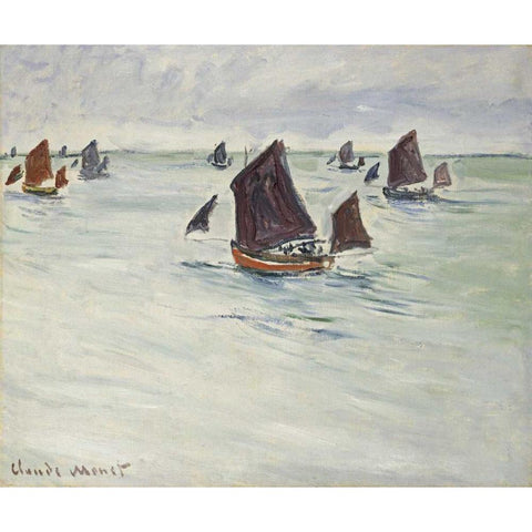 Fishing Boats off Pourville, 1882 Black Modern Wood Framed Art Print with Double Matting by Monet, Claude