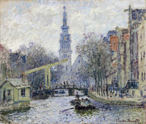 Canal, Amsterdam White Modern Wood Framed Art Print with Double Matting by Monet, Claude