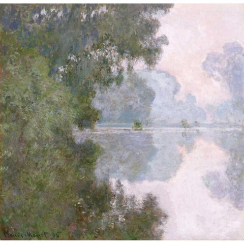 Morning on the Seine, Near Giverny White Modern Wood Framed Art Print by Monet, Claude