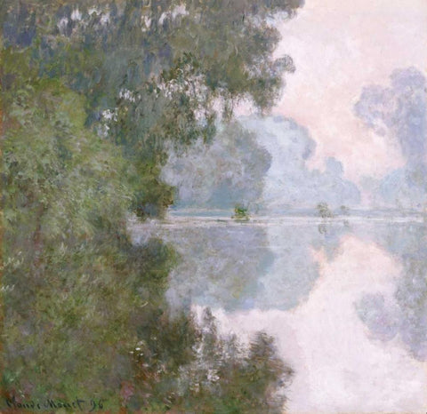 Morning on the Seine, Near Giverny White Modern Wood Framed Art Print with Double Matting by Monet, Claude