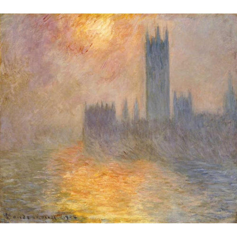 Parliament at Sunset White Modern Wood Framed Art Print by Monet, Claude