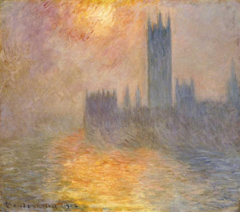 Parliament at Sunset White Modern Wood Framed Art Print with Double Matting by Monet, Claude