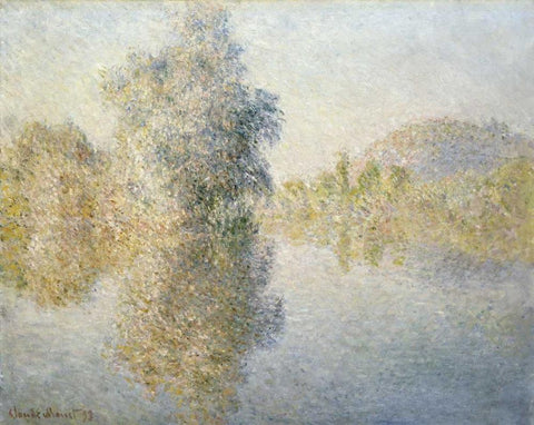 Early Morning on the Seine at Giverny White Modern Wood Framed Art Print with Double Matting by Monet, Claude