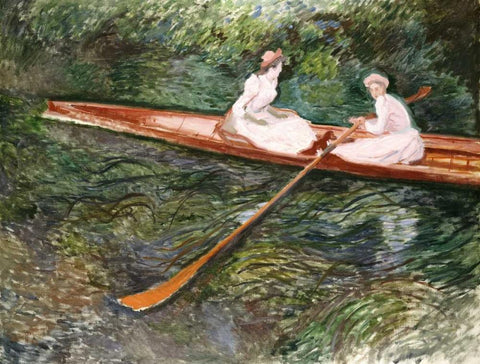 The Pink Rowing Boat White Modern Wood Framed Art Print with Double Matting by Monet, Claude