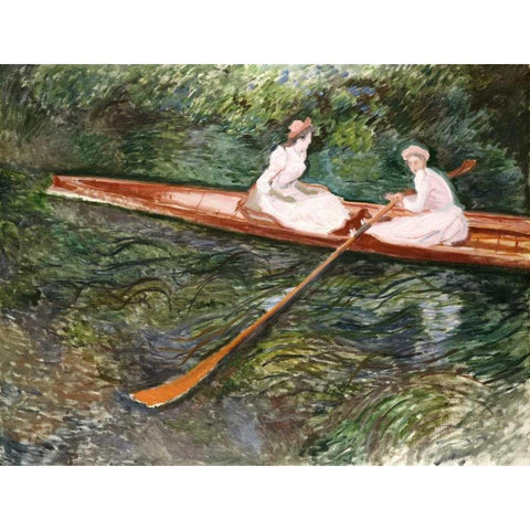 The Pink Rowing Boat Black Modern Wood Framed Art Print with Double Matting by Monet, Claude