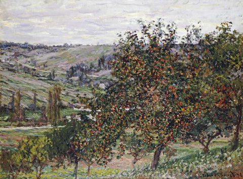 Apple Trees Near Vetheuil, 1878 White Modern Wood Framed Art Print with Double Matting by Monet, Claude