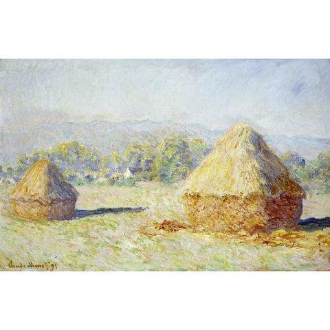 Haystacks, Morning Effect Gold Ornate Wood Framed Art Print with Double Matting by Monet, Claude
