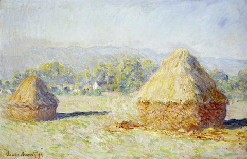 Haystacks, Morning Effect White Modern Wood Framed Art Print with Double Matting by Monet, Claude