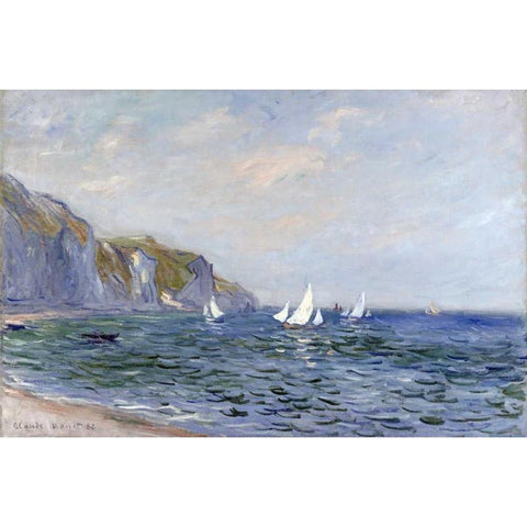 Cliffs and Sailboats at Pourville White Modern Wood Framed Art Print by Monet, Claude