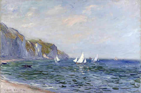 Cliffs and Sailboats at Pourville White Modern Wood Framed Art Print with Double Matting by Monet, Claude