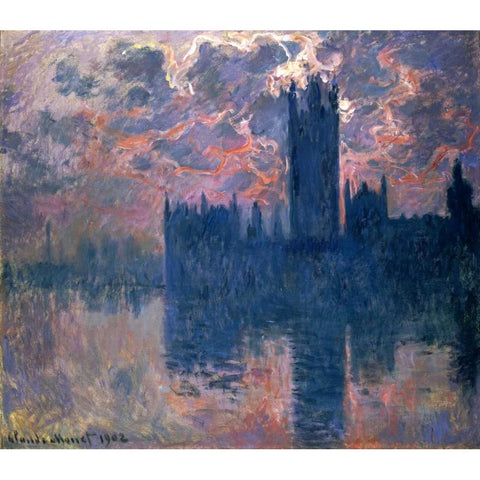 Parliament, Sunset Gold Ornate Wood Framed Art Print with Double Matting by Monet, Claude