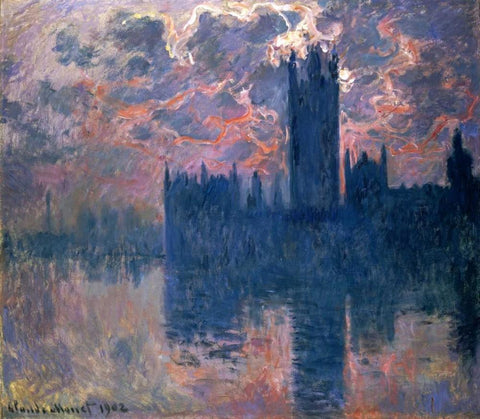 Parliament, Sunset White Modern Wood Framed Art Print with Double Matting by Monet, Claude