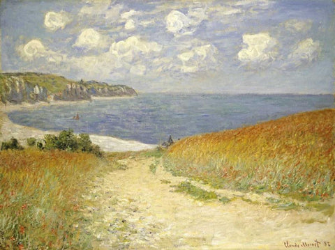 Path through the Wheat Fields at Pourville, 1882 White Modern Wood Framed Art Print with Double Matting by Monet, Claude
